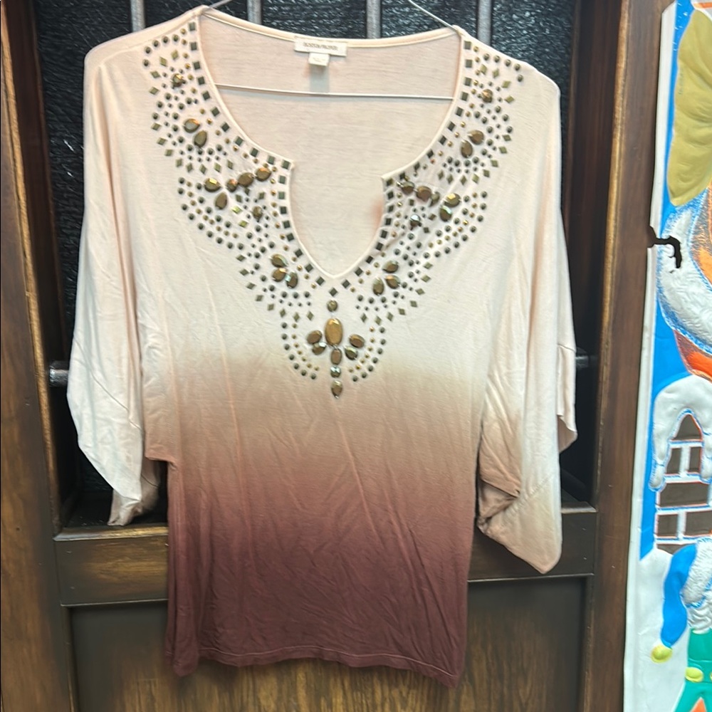 Boston Proper Beige and Brown Embellished Blouse